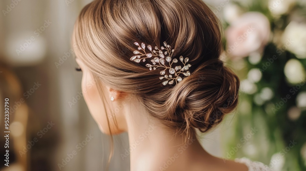 A close-up of a low bun with soft waves and a decorative clip, creating a romantic and elegant hairstyle.