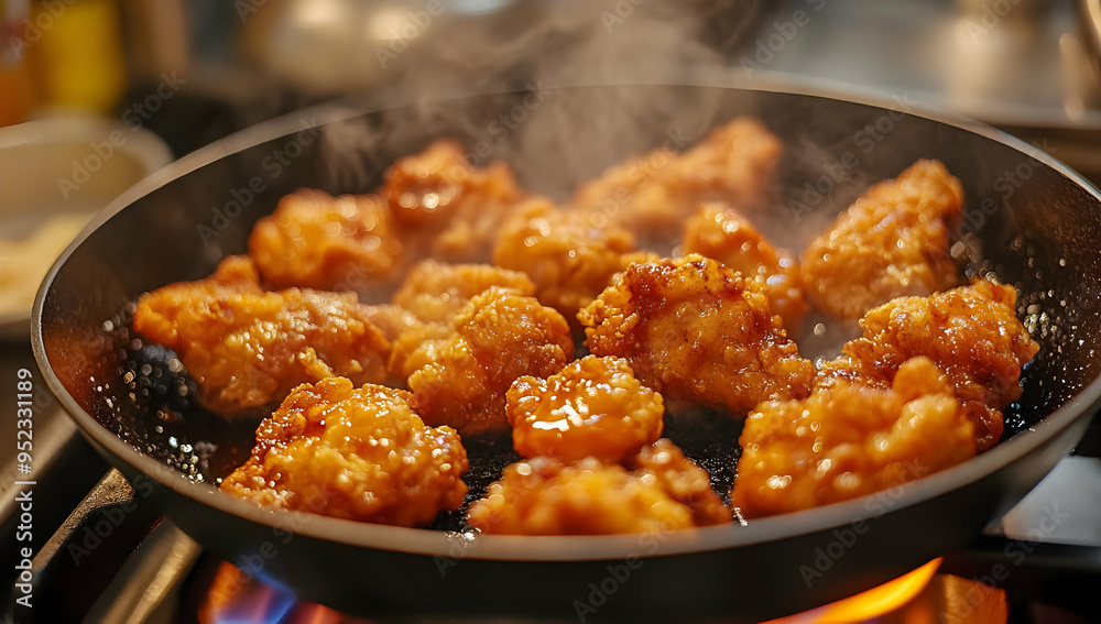 Delicious golden fried chicken pieces sizzling in a skillet, creating a mouthwatering aroma and steam, perfect for culinary delights. Delicious golden fried chicken pieces sizzling in a skillet, creating a mouthwatering aroma and steam, perfect for culinary delights.