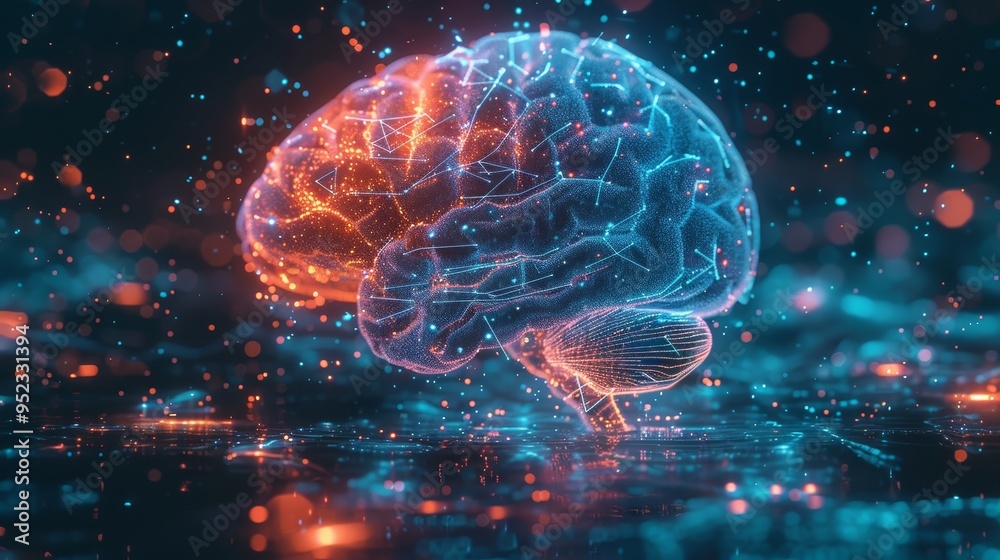 Futuristic low poly brain rendering with geometric shapes and glowing blue neural connections Futuristic low poly brain rendering with geometric shapes and glowing blue neural connections