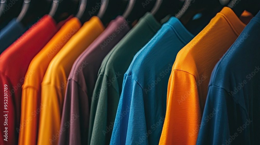 Obraz premium A close-up of a row of colorful t-shirts neatly hanging on a clothing rack, showcasing various shades.
