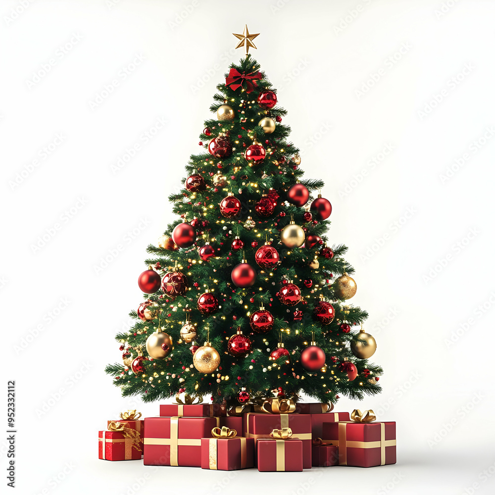 Festive Christmas tree adorned with red and gold ornaments, surrounded by beautifully wrapped gifts. Festive Christmas tree adorned with red and gold ornaments, surrounded by beautifully wrapped gifts.