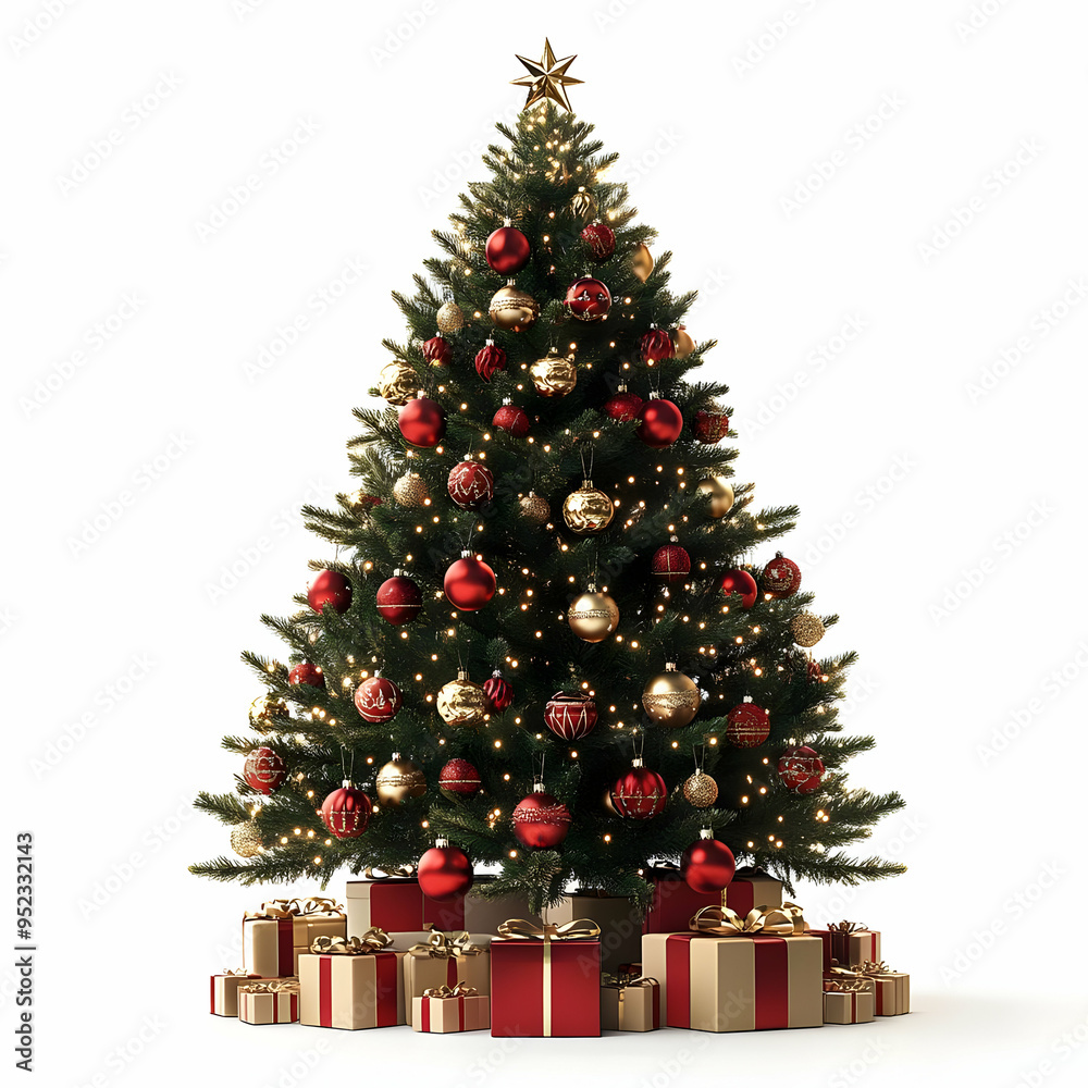 A beautifully decorated Christmas tree with red and gold ornaments, surrounded by festive presents and glowing lights. A beautifully decorated Christmas tree with red and gold ornaments, surrounded by festive presents and glowing lights.