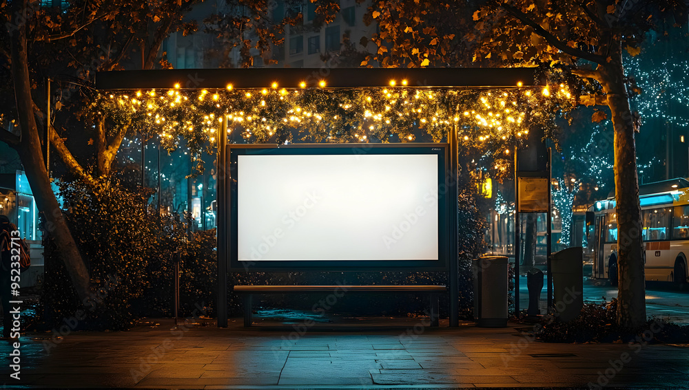 A serene night scene of a bus stop illuminated by warm lights, featuring a blank advertising board and lush greenery. A serene night scene of a bus stop illuminated by warm lights, featuring a blank advertising board and lush greenery.