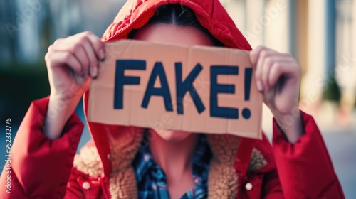 Angry Person Waving 'FAKE!' Sign, Emphasizing False Claims photo