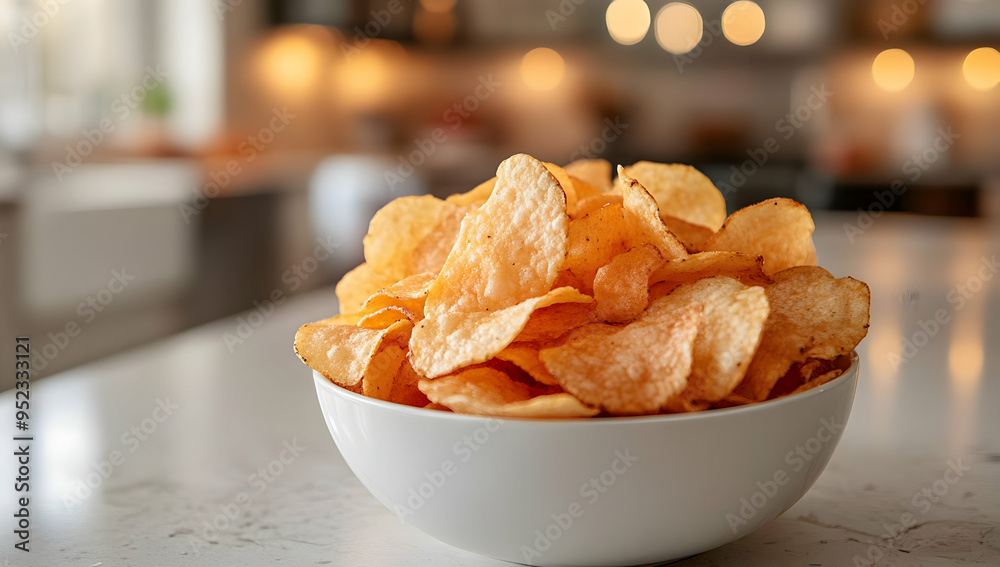 Delicious crispy potato chips piled high in a white bowl, perfect for snacking or entertaining in a modern kitchen setting. Delicious crispy potato chips piled high in a white bowl, perfect for snacking or entertaining in a modern kitchen setting.