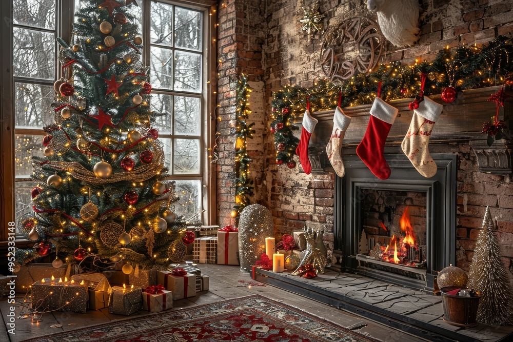 Fototapeta premium Festive Christmas Scene with Red and White Stockings, Lights, Garlands, Poinsettias, and Greenery, Warm Glow from Fireplace