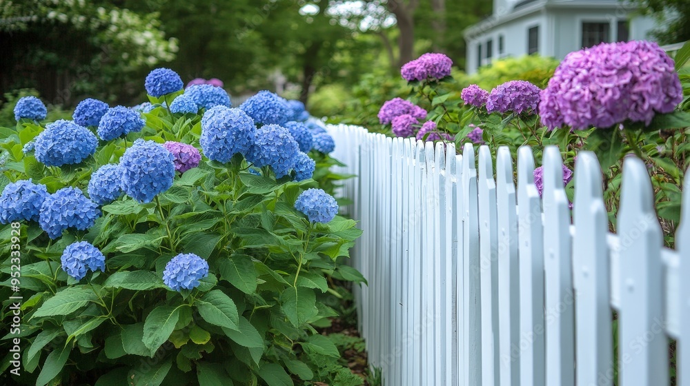 White picket fence with blooming hydrangeas in a cottage garden White picket fence with blooming hydrangeas in a cottage garden