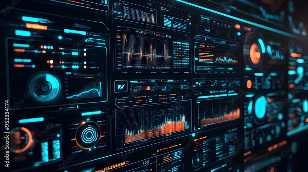 Futuristic Digital Interface with Advanced Data Visualization and Analytics Displayed on Control Panel Futuristic Digital Interface with Advanced Data Visualization and Analytics Displayed on Control Panel