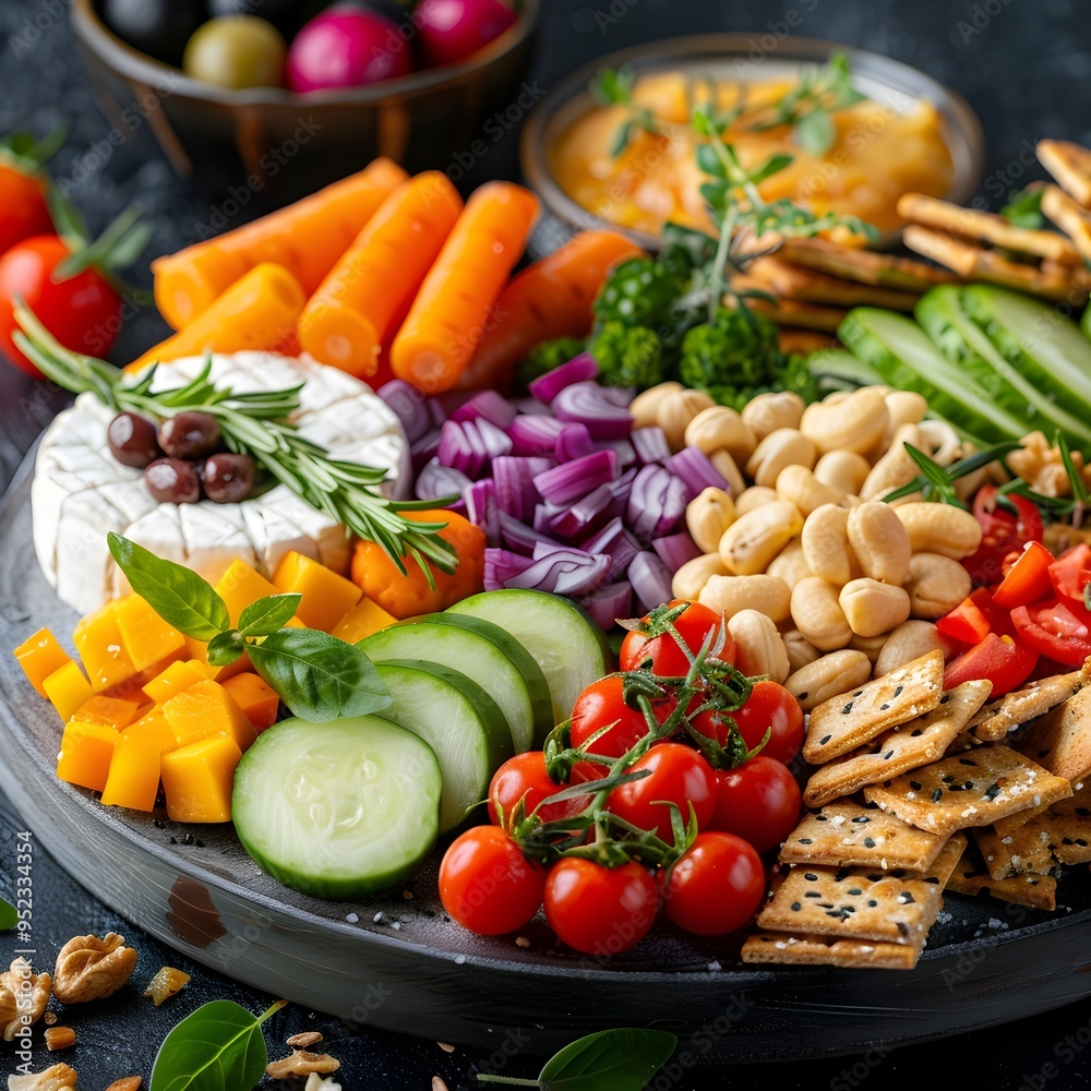 A Vibrant Vegan Cheese Platter with Fresh Veggies and Gluten Free Crackers A Vibrant Vegan Cheese Platter with Fresh Veggies and Gluten Free Crackers