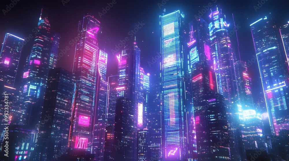 Futuristic Glowing Neon Cityscape at Night with Towering Skyscrapers and Bustling Urban Infrastructure Futuristic Glowing Neon Cityscape at Night with Towering Skyscrapers and Bustling Urban Infrastructure