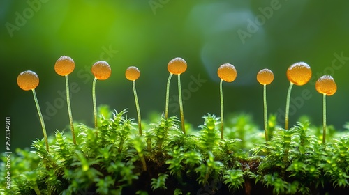 Moss with seed capsules spore capsules natural monument Hutewald Am Halloh near Albertshausen macro photo closeup KellerwaldEdersee nature park Park Hesse Germany Europe : Generative AI photo