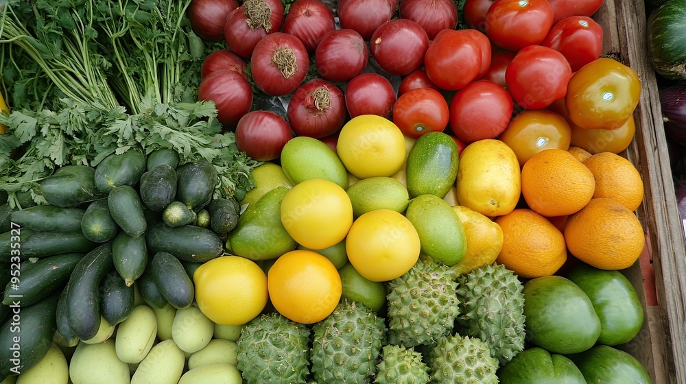 A colorful display of fresh fruits and vegetables at a local market, highlighting healthy eating on World Food Day. A colorful display of fresh fruits and vegetables at a local market, highlighting healthy eating on World Food Day.