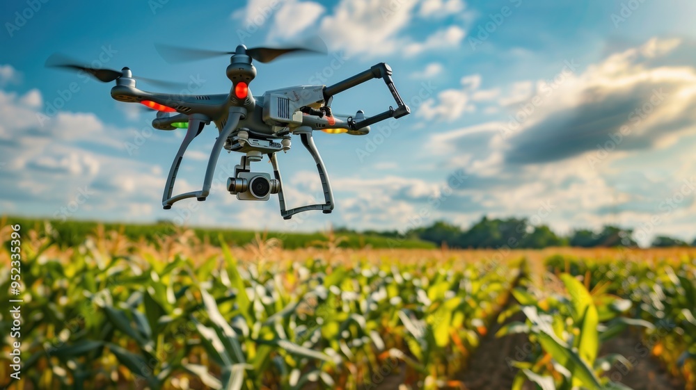 drone flying over a green field, capturing aerial footage for precision agriculture drone flying over a green field, capturing aerial footage for precision agriculture