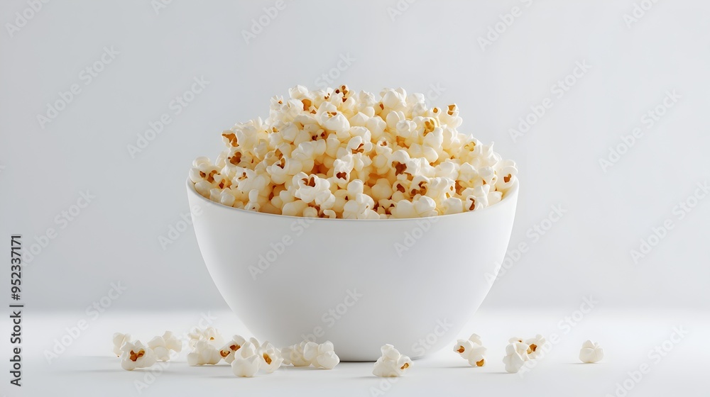 Overflowing Buttery Popcorn in a Simple White Porcelain Bowl on Clean Background Overflowing Buttery Popcorn in a Simple White Porcelain Bowl on Clean Background