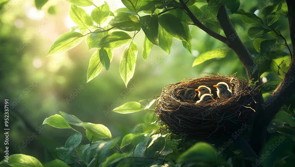 A serene nature scene featuring a bird nest with chicks, surrounded by lush green leaves and soft sunlight filtering through. A serene nature scene featuring a bird nest with chicks, surrounded by lush green leaves and soft sunlight filtering through.
