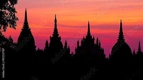 Jain temple spires silhouetted against a dawn sky, calm atmosphere, no people, ample space for text photo