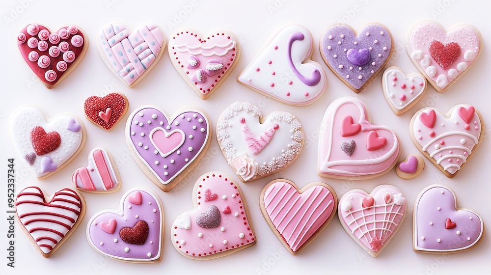 Fototapeta premium Valentine's Day cookies in the shape of hearts decorated with pink and white icing, on a light background, pastel colors, top view, flat lay.