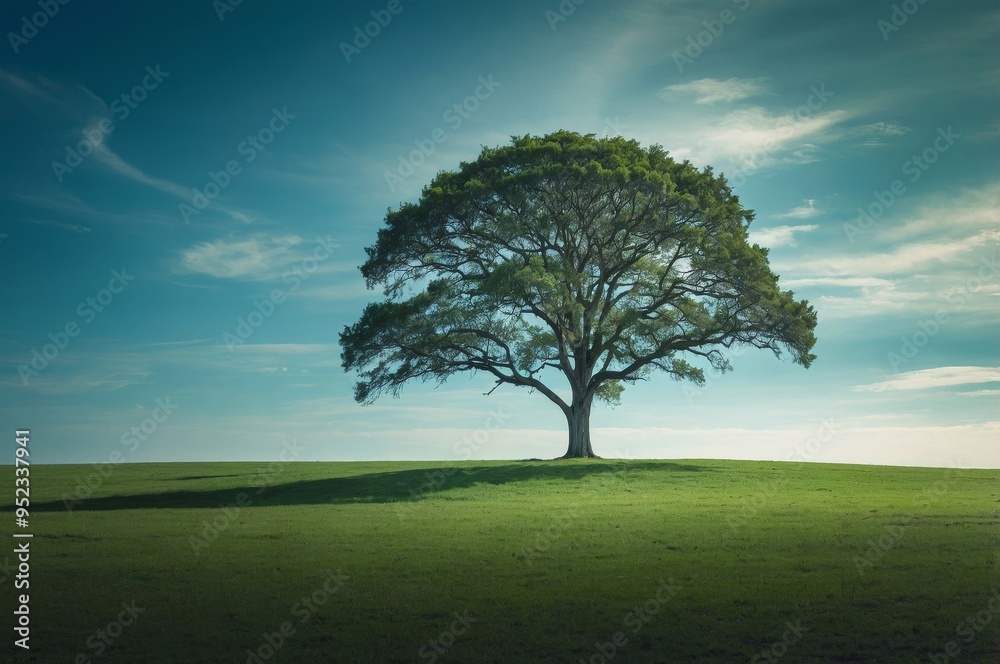 Fototapeta premium Solitary tree in green field under blue sky
