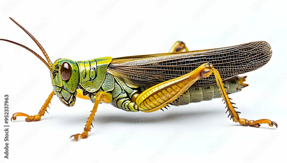 Close-up of a vibrant green grasshopper showcasing its intricate details and textures on a clean background. Close-up of a vibrant green grasshopper showcasing its intricate details and textures on a clean background.
