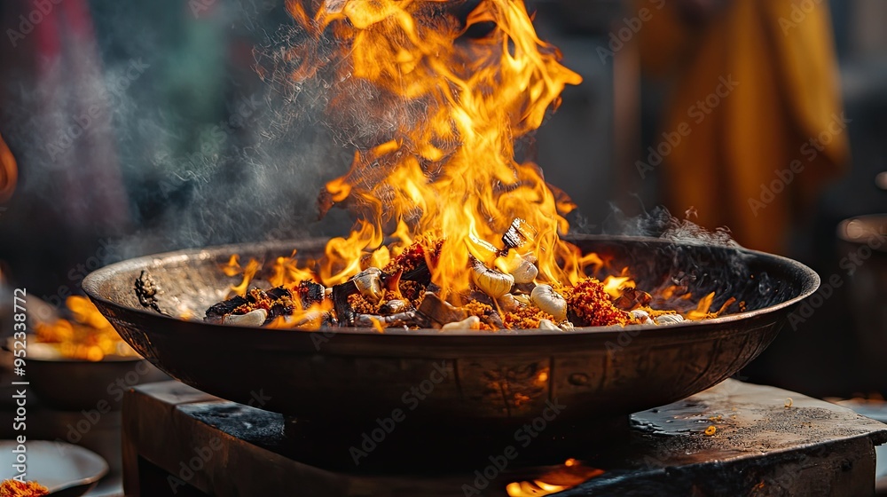 Ritual fire (yagna) with flames and space for text. Sacred offering in Hindu rituals. Ritual fire (yagna) with flames and space for text. Sacred offering in Hindu rituals.