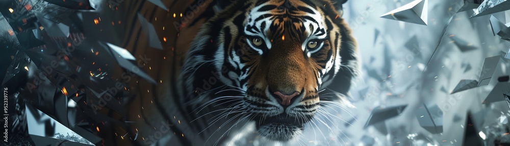Obraz premium A fierce tiger breaking through shards of glass, showcasing its powerful presence and striking beauty in a dynamic scene.