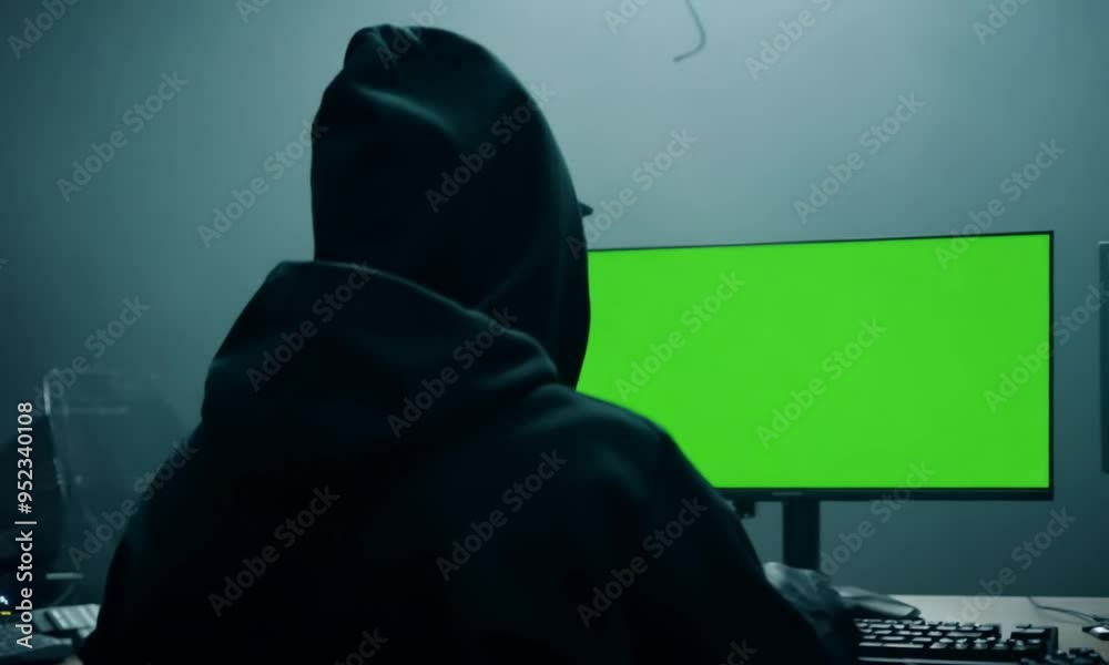Over the shoulder hacker with green screen display Over the shoulder hacker with green screen display