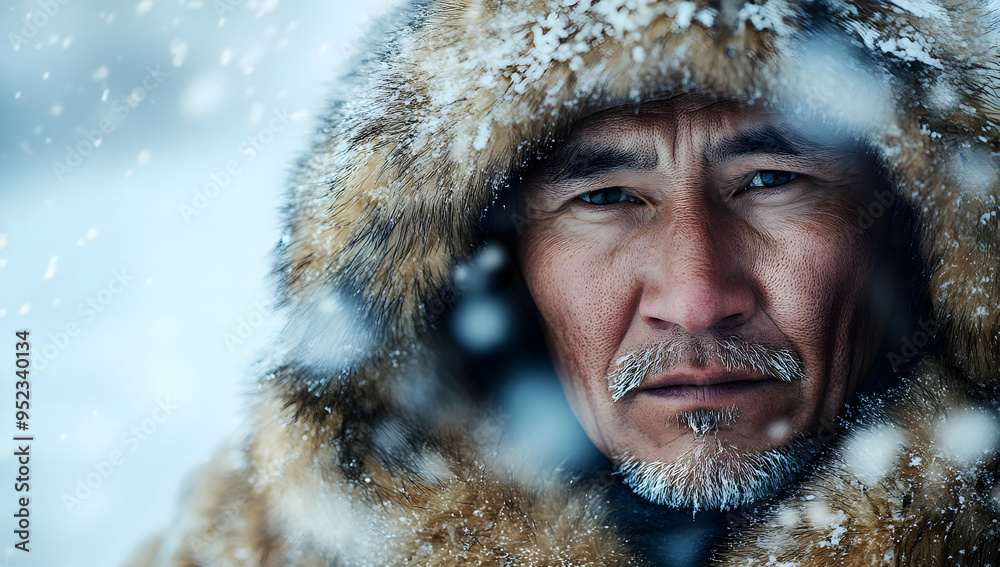 Portrait of a serious man in a warm fur coat, surrounded by falling snow, capturing the essence of winter and resilience. Portrait of a serious man in a warm fur coat, surrounded by falling snow, capturing the essence of winter and resilience.