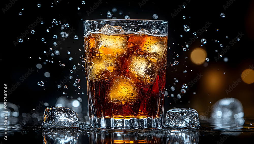 A refreshing glass of cola with ice, surrounded by splashes, perfect for summer or beverage advertising. A refreshing glass of cola with ice, surrounded by splashes, perfect for summer or beverage advertising.