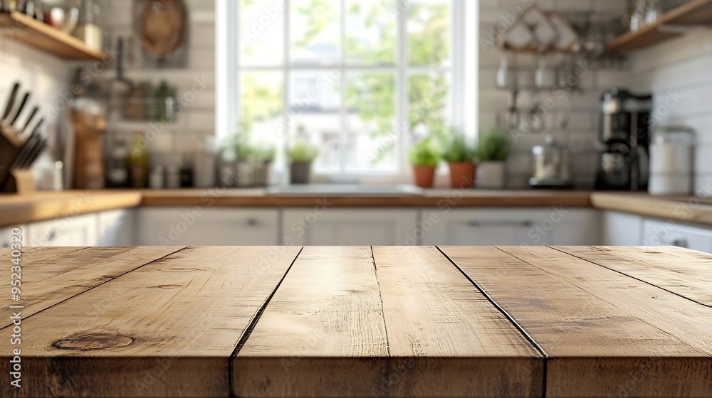 Wood table top on blurred kitchen background can be used mock up for montage products display or design layout : Generative AI Wood table top on blurred kitchen background can be used mock up for montage products display or design layout : Generative AI
