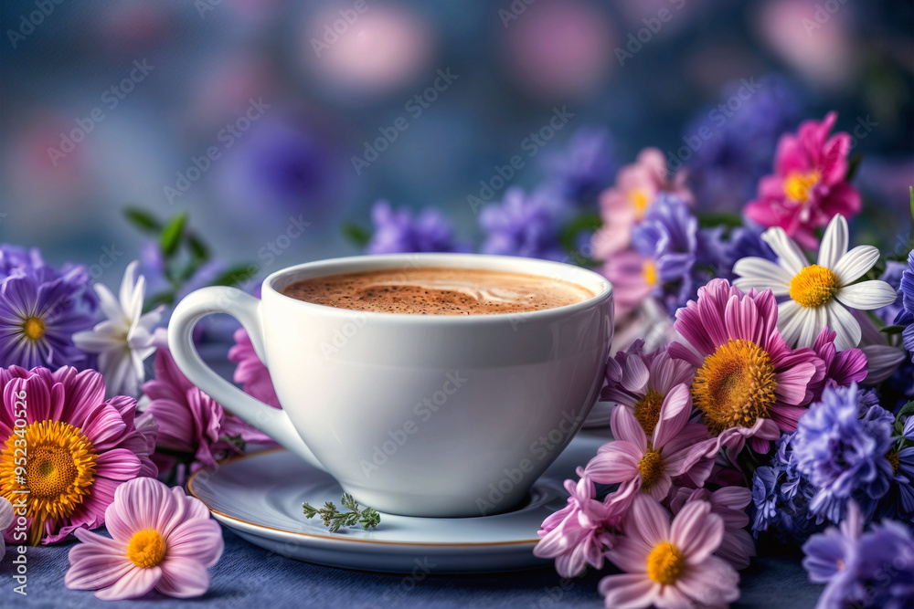 Coffee and flowers. Romantic breakfast. Cup of hot aromatic coffee on a wooden table with purple flowers Coffee and flowers. Romantic breakfast. Cup of hot aromatic coffee on a wooden table with purple flowers