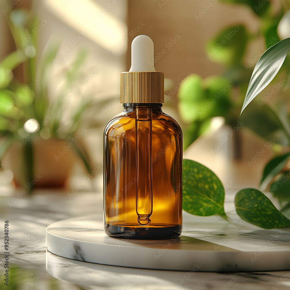 Elegant amber dropper bottle on a marble surface, surrounded by lush greenery, perfect for cosmetic or wellness products. Elegant amber dropper bottle on a marble surface, surrounded by lush greenery, perfect for cosmetic or wellness products.