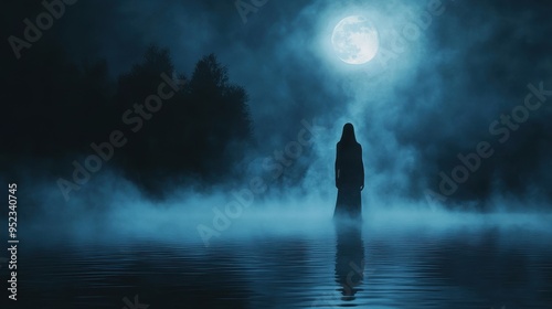 Eerie Ghostly Figure Screaming by Dark Foggy Lake at Night with Full Moon Reflection