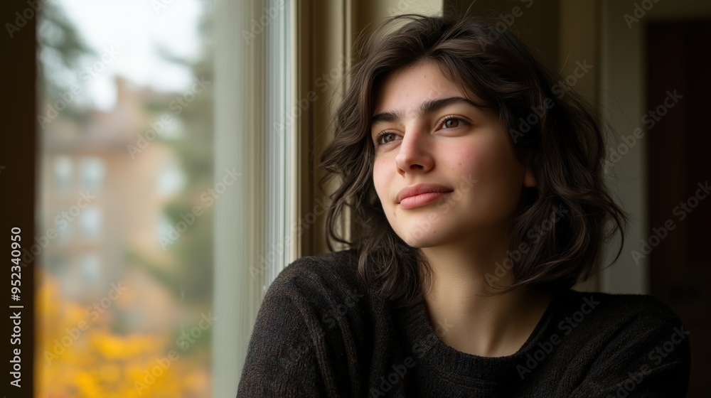 The young woman reflects while enjoying the warmth of a Thanksgiving celebration The young woman reflects while enjoying the warmth of a Thanksgiving celebration
