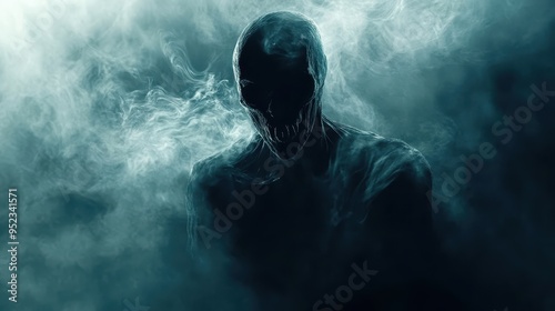 Eerie Ghostly Encounter: Spooky Silhouette Twisted in Silent Scream Amidst Swirling Fog and Encroaching Darkness