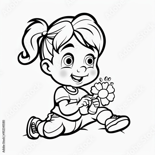 Cute Girl Holding a Flower: Black and White Illustration