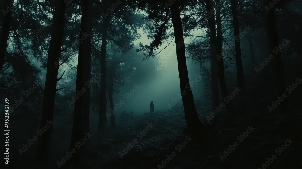 Fototapeta premium Whispering Shadows in the Haunted Forest - Eerie Ghostly Encounter with Misty Fog and Distant Screams