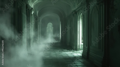 Eerie Haunted Castle Hallway with Ghostly Figures in Thick Fog