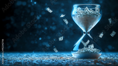 A glass hourglass filled with US dollar bills symbolizes the connection between time and money, set against a glowing blue background with scattered currency falling.