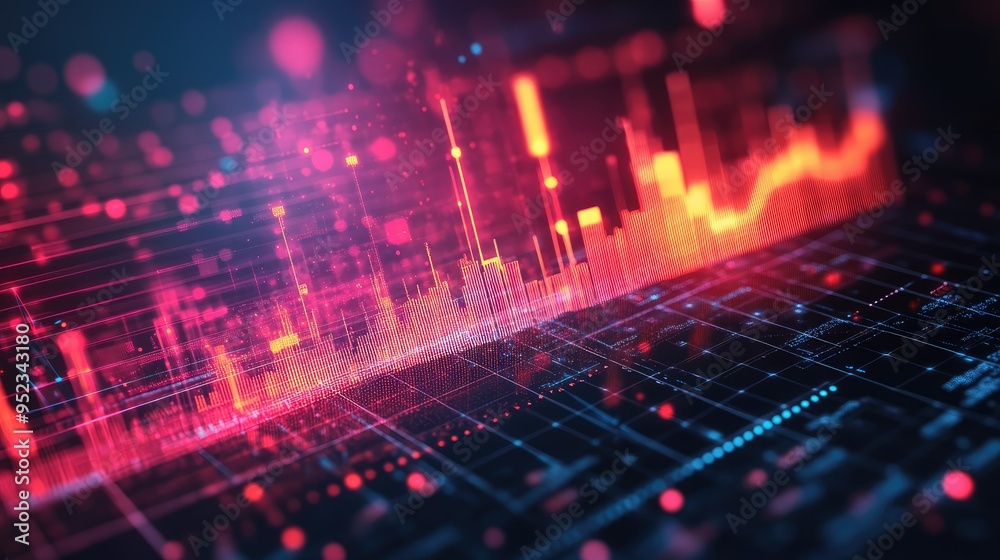 A glowing financial line graph with rising points and a digital background, symbolizing business success. A glowing financial line graph with rising points and a digital background, symbolizing business success.