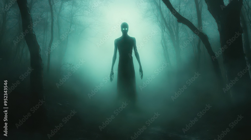 Fototapeta premium Eerie Ghostly Figure in Misty Forest: Haunting Presence Among Twisted Trees and Echoing Screams