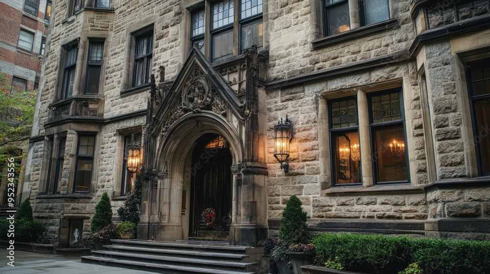 Fototapeta premium A historic building with intricate stonework and a grand entrance, blending old-world charm with urban surroundings.