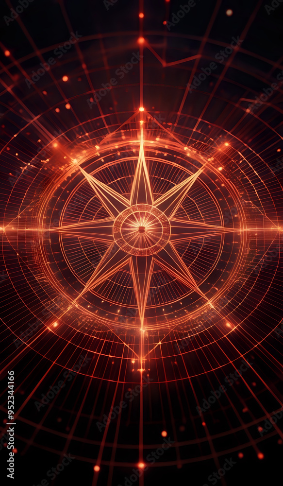 A holographic nautical compass on top of glowing lines representing network communication with sparkles of light in red and orange tones A holographic nautical compass on top of glowing lines representing network communication with sparkles of light in red and orange tones
