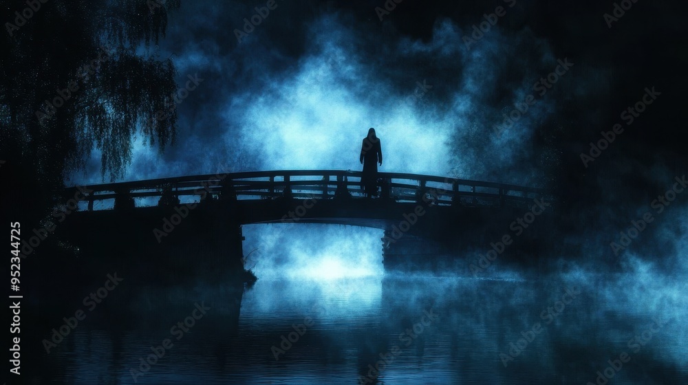 Haunting Ghostly Figure on Foggy Bridge at Night with Eerie Reflections - Spooky Halloween Concept Haunting Ghostly Figure on Foggy Bridge at Night with Eerie Reflections - Spooky Halloween Concept