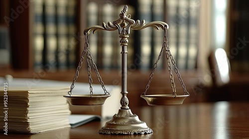 Close-up of scales of justice in a lawyer's office, with legal documents in the background.