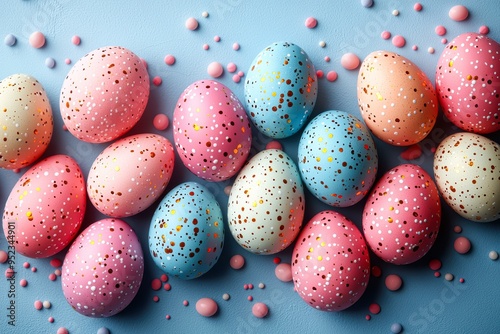 Colorful speckled Easter eggs arranged on a pastel surface, perfect for festive holiday promotions, greeting cards, and spring decorations