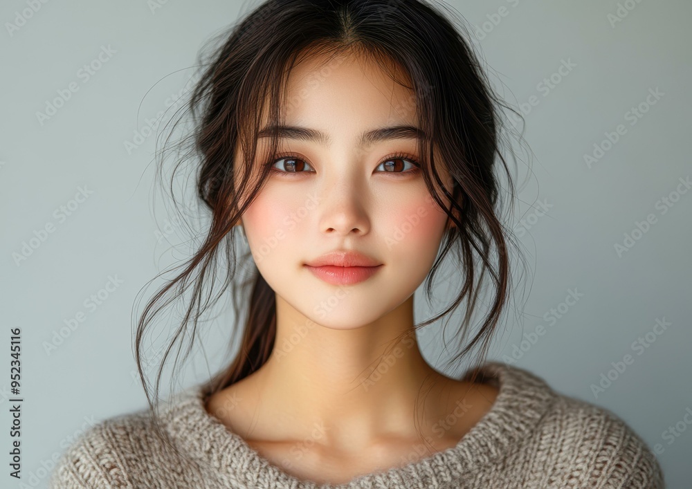 A young woman with natural makeup and softly tousled hair poses against a neutral background, wearing a cozy knit sweater, making it perfect for beauty, fashion, and lifestyle content,