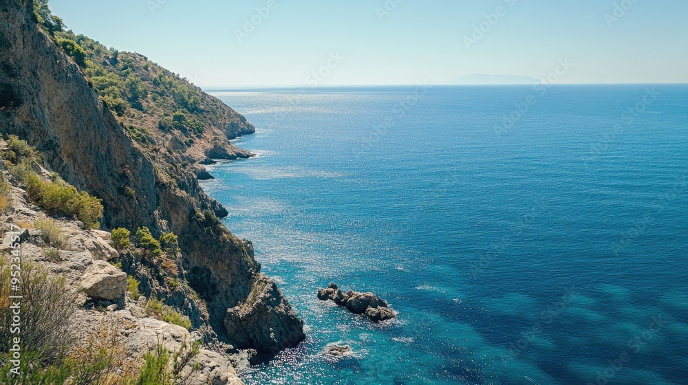 A peaceful sea view from a cliffside, with deep blue water stretching to the horizon and a clear sky above. A peaceful sea view from a cliffside, with deep blue water stretching to the horizon and a clear sky above.