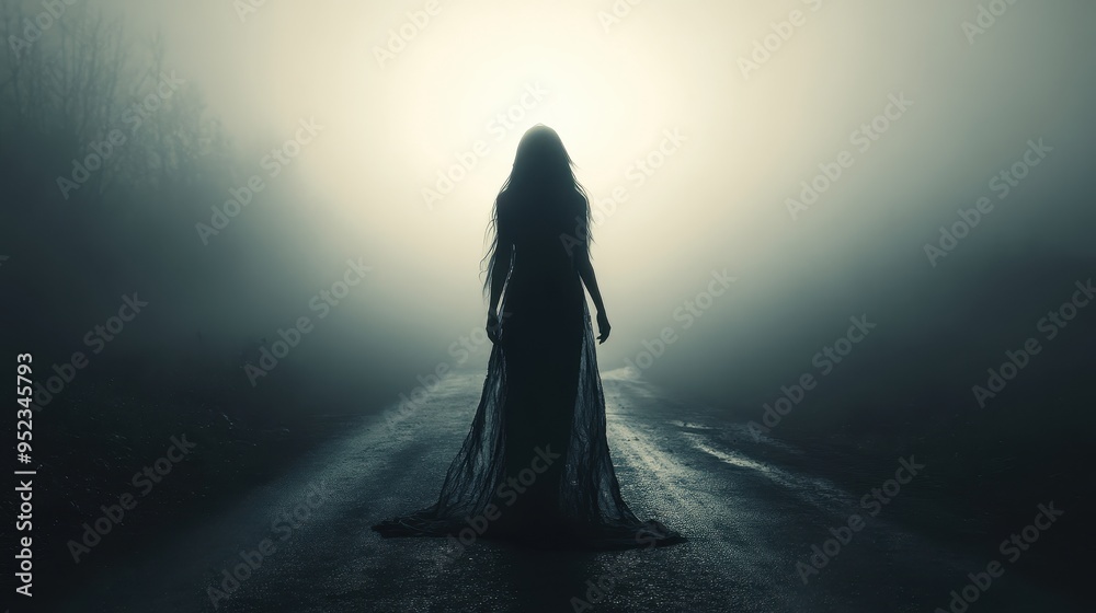 Phantom of the Fog: Spooky Ghostly Figure in Tattered Gown on Haunted Road with Eerie Light and Scream Echoing Phantom of the Fog: Spooky Ghostly Figure in Tattered Gown on Haunted Road with Eerie Light and Scream Echoing