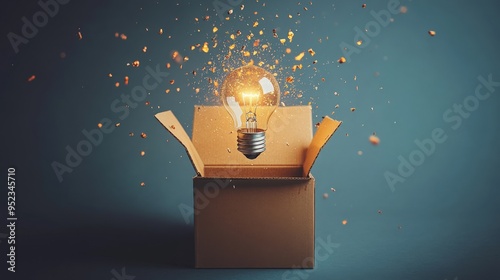 Out-of-the-box thinking, box breaking open with ideas, minimal white background, flat design illustration, copy space for stock photo with minimal concept, No logo, No Trademark, No text