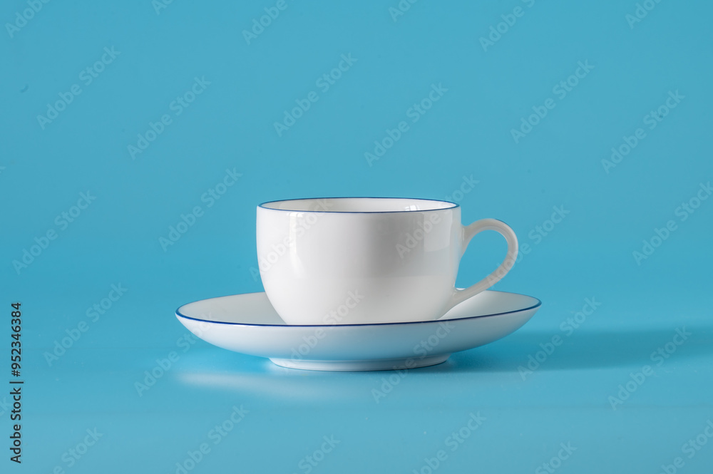Obraz premium Empty cup and saucer on a blue background.